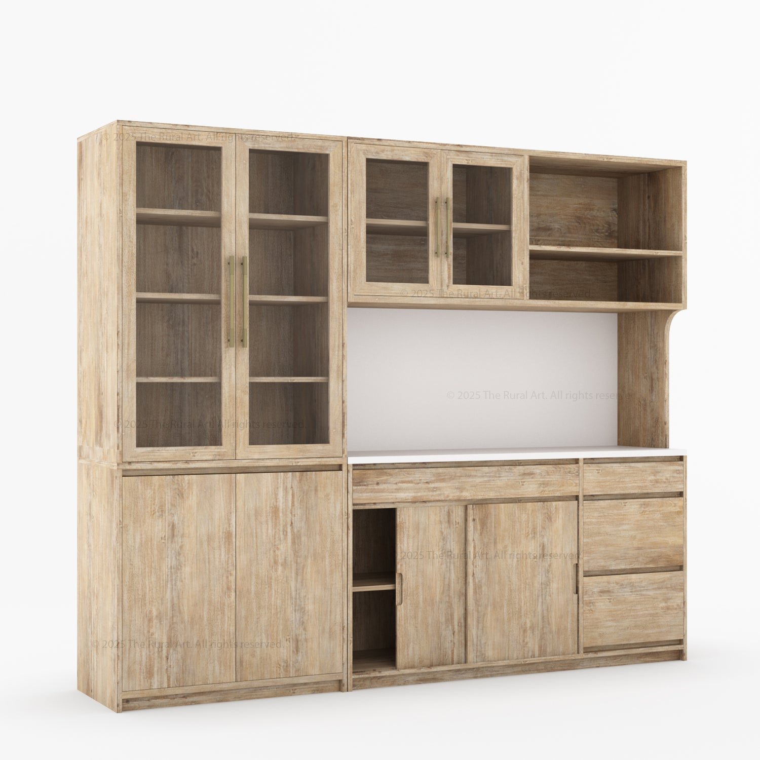 Girtin Solid Wood Wine &amp; Coffee Bar Hutch with White Quartz Countertop – 99” Width