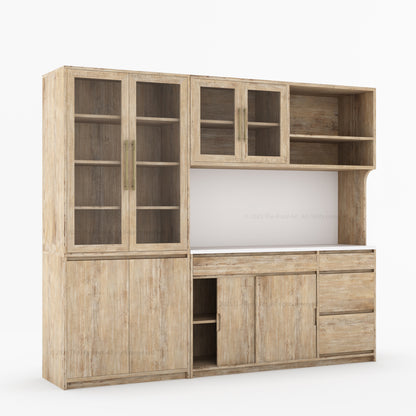 Girtin Solid Wood Wine &amp; Coffee Bar Hutch with White Quartz Countertop – 99” Width