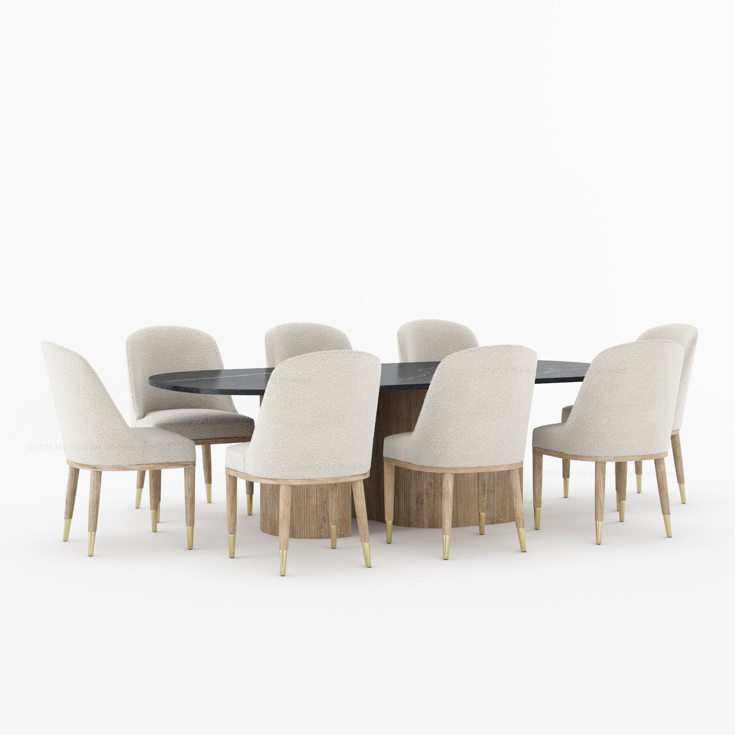 Connersville Modern Stone Top Dining Table Set with Sculptural Fluted Base &amp; Upholstered Chairs