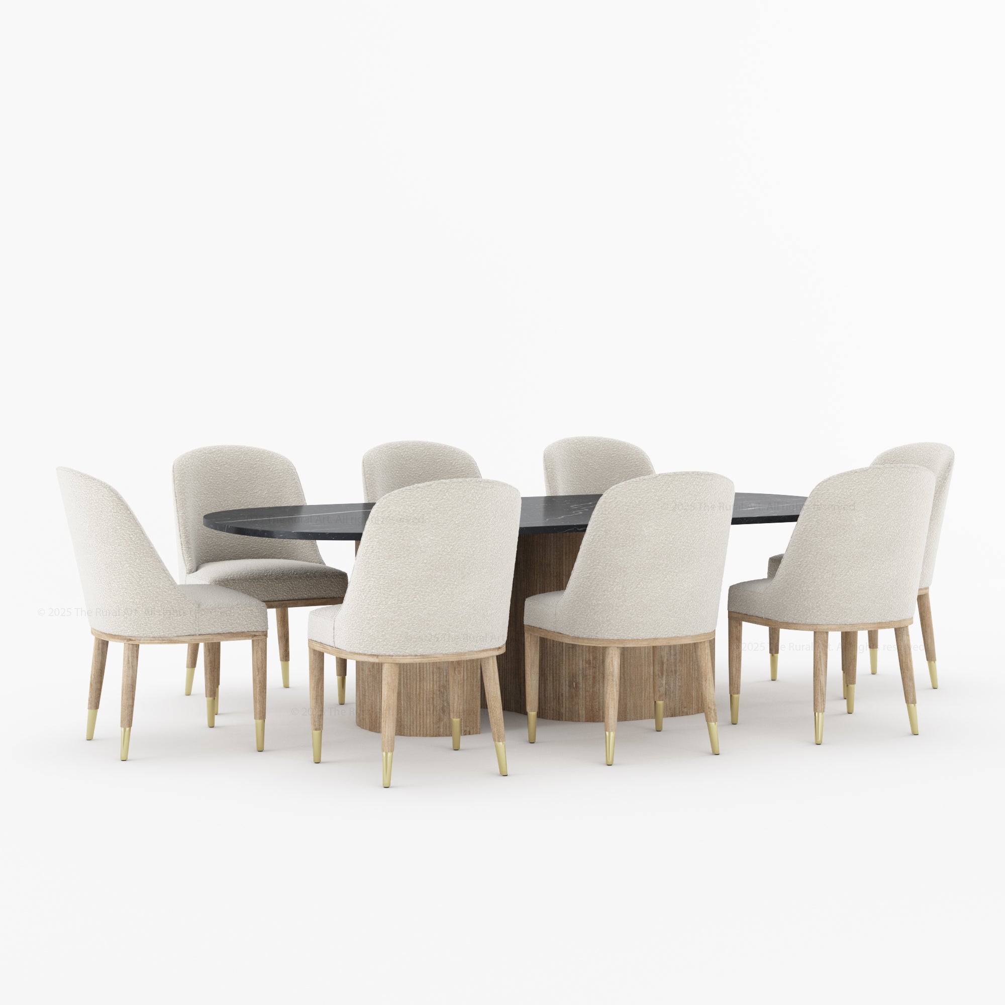 Connersville Modern Stone Top Dining Table Set with Sculptural Fluted Base &amp; Upholstered Chairs