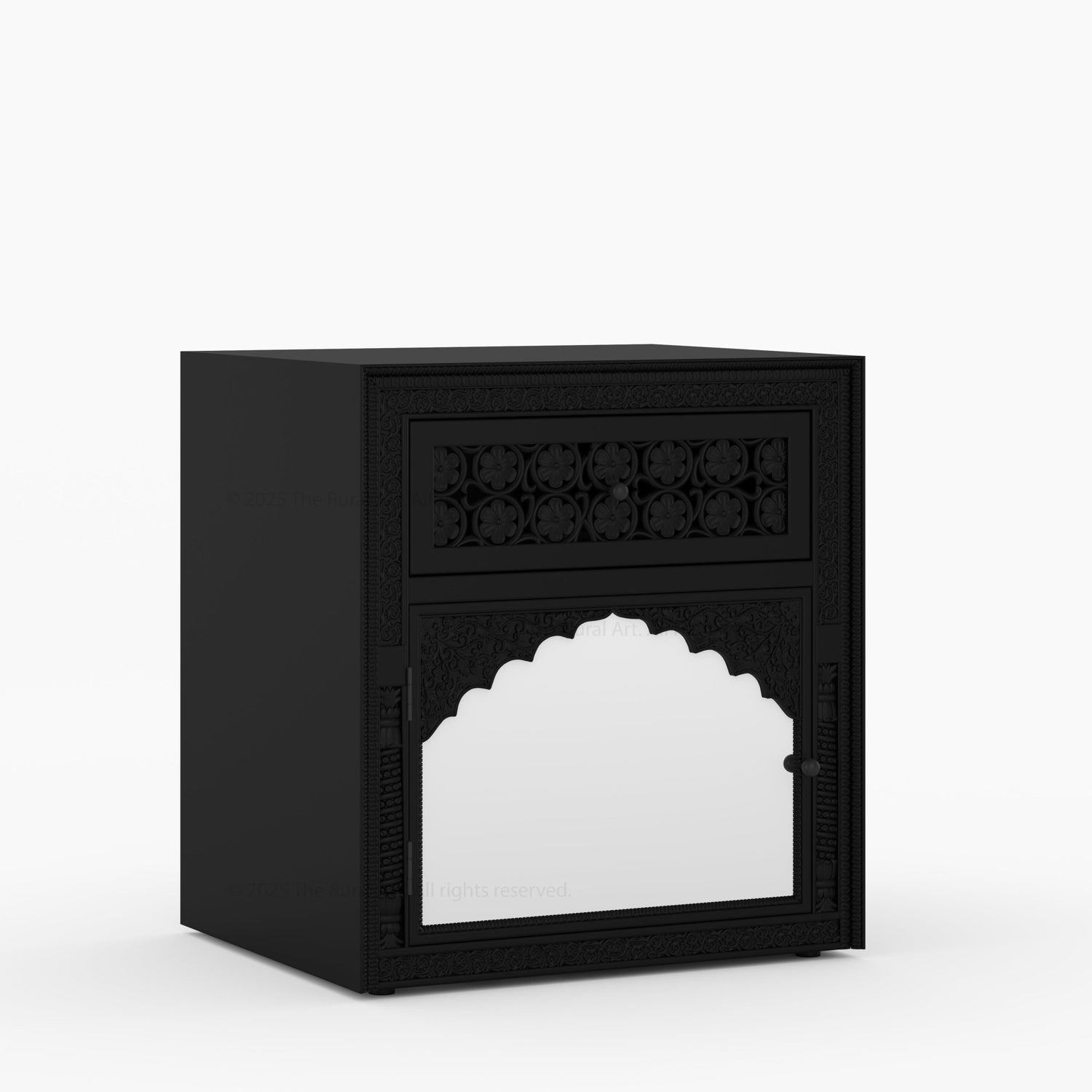 Dakota Hand-Carved Solid Wood Nightstand with Mirror Inlay