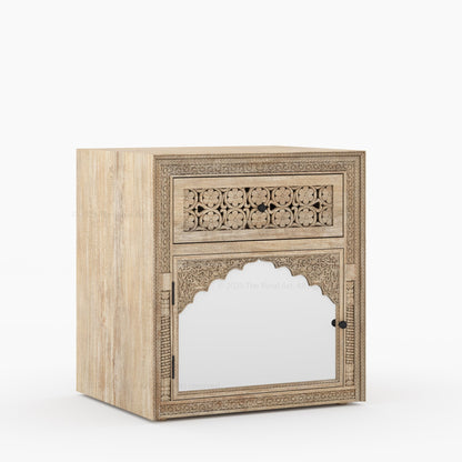 Dakota Hand-Carved Solid Wood Nightstand with Mirror Inlay