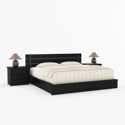 Dallas Solid Wood Bed &amp; Nightstand Set with Slatted Headboard and Iron Accents