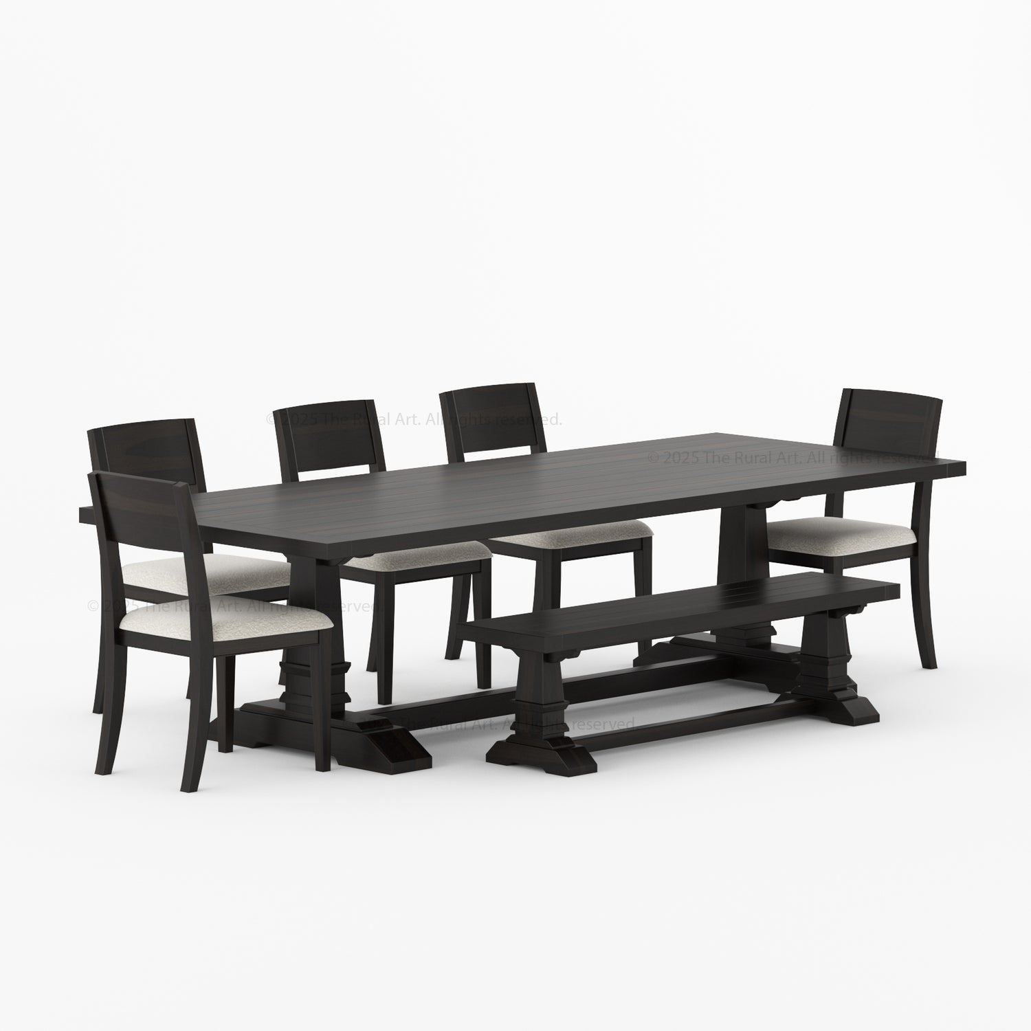 Roseville Solid Wood Dining Set Trestle Table with Chairs &amp; Bench Coastal Farmhouse Style