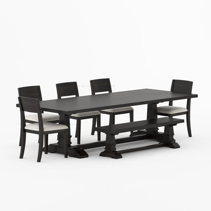 Roseville Solid Wood Dining Set Trestle Table with Chairs &amp; Bench Coastal Farmhouse Style