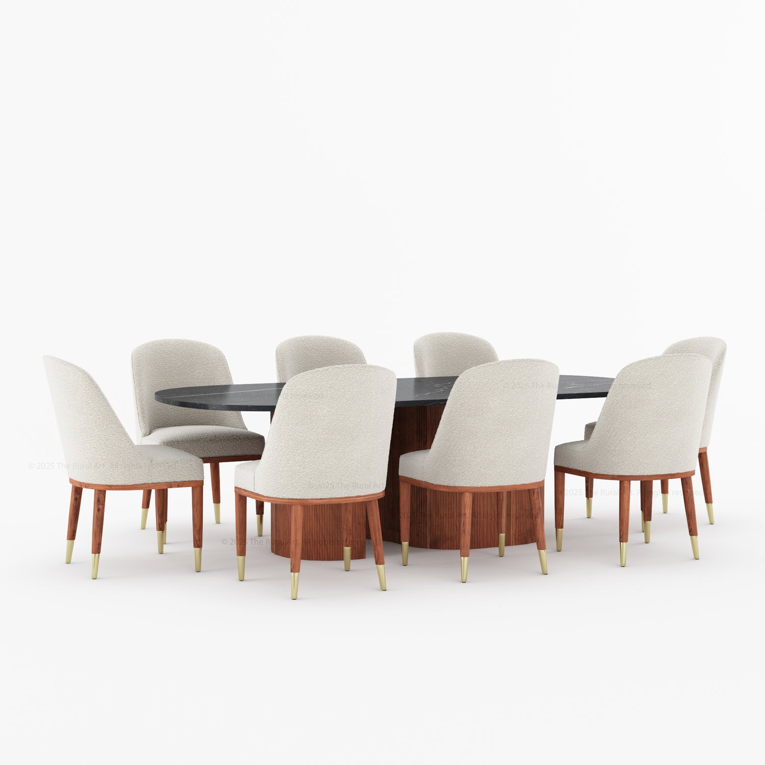 Connersville Modern Stone Top Dining Table Set with Sculptural Fluted Base &amp; Upholstered Chairs
