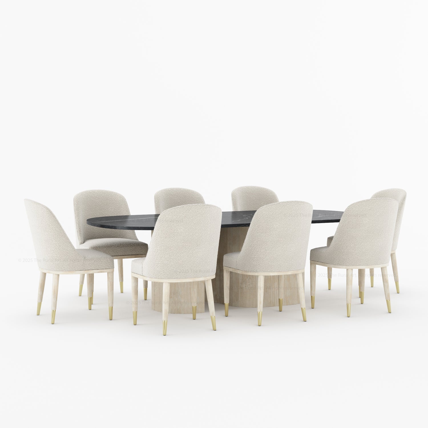 Connersville Modern Stone Top Dining Table Set with Sculptural Fluted Base &amp; Upholstered Chairs