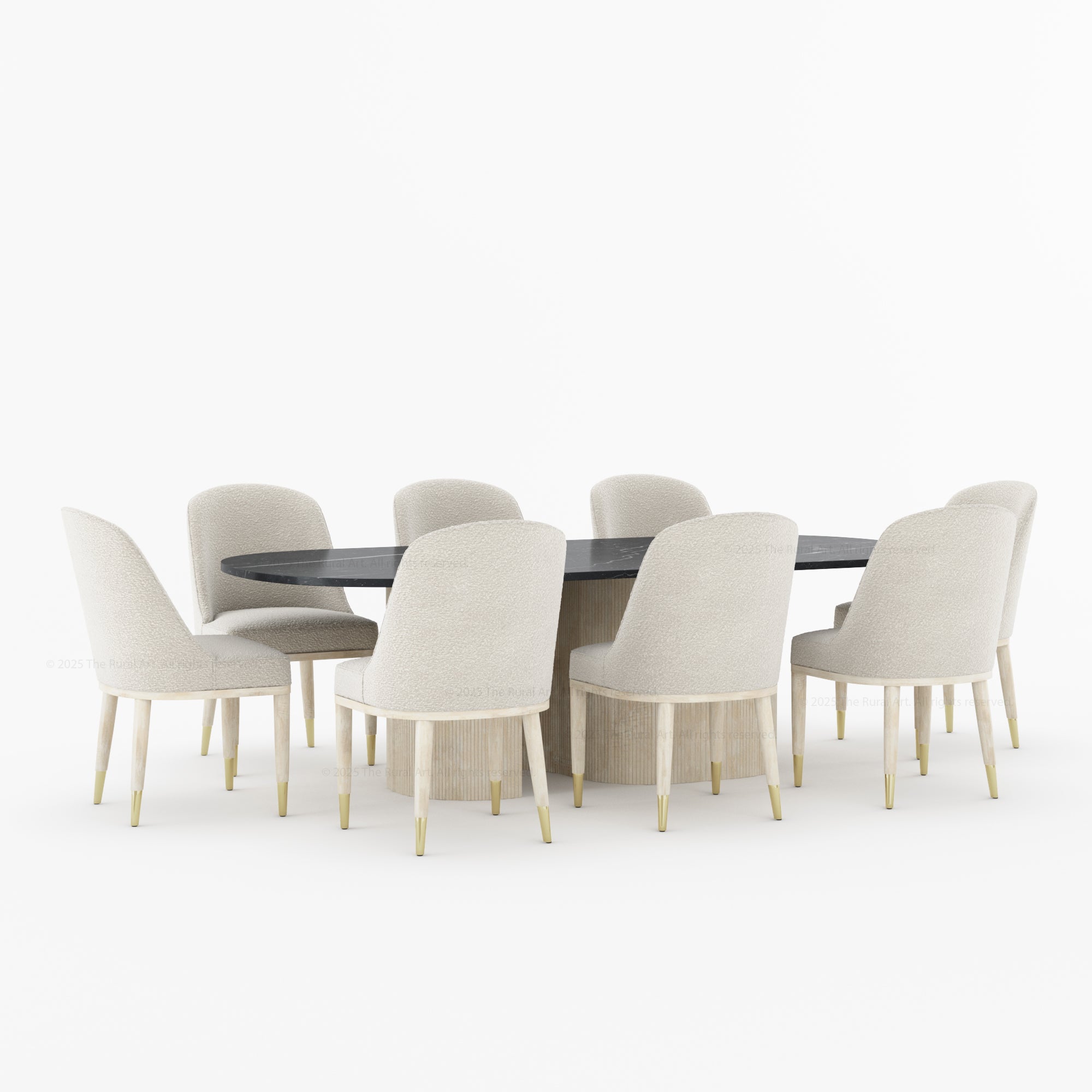 Connersville Modern Stone Top Dining Table Set with Sculptural Fluted Base &amp; Upholstered Chairs