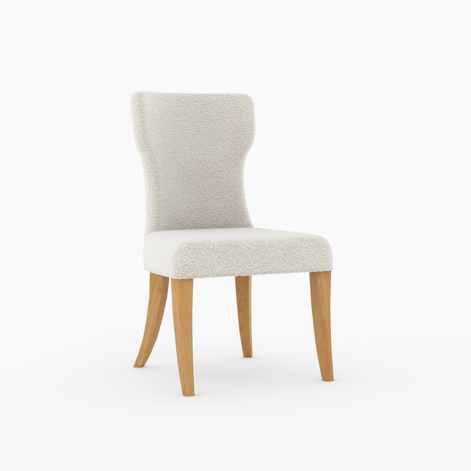 A modern side chair with a textured cream bouclé upholstered seat and backrest, supported by four tapered light oak legs, shown on a seamless white background.