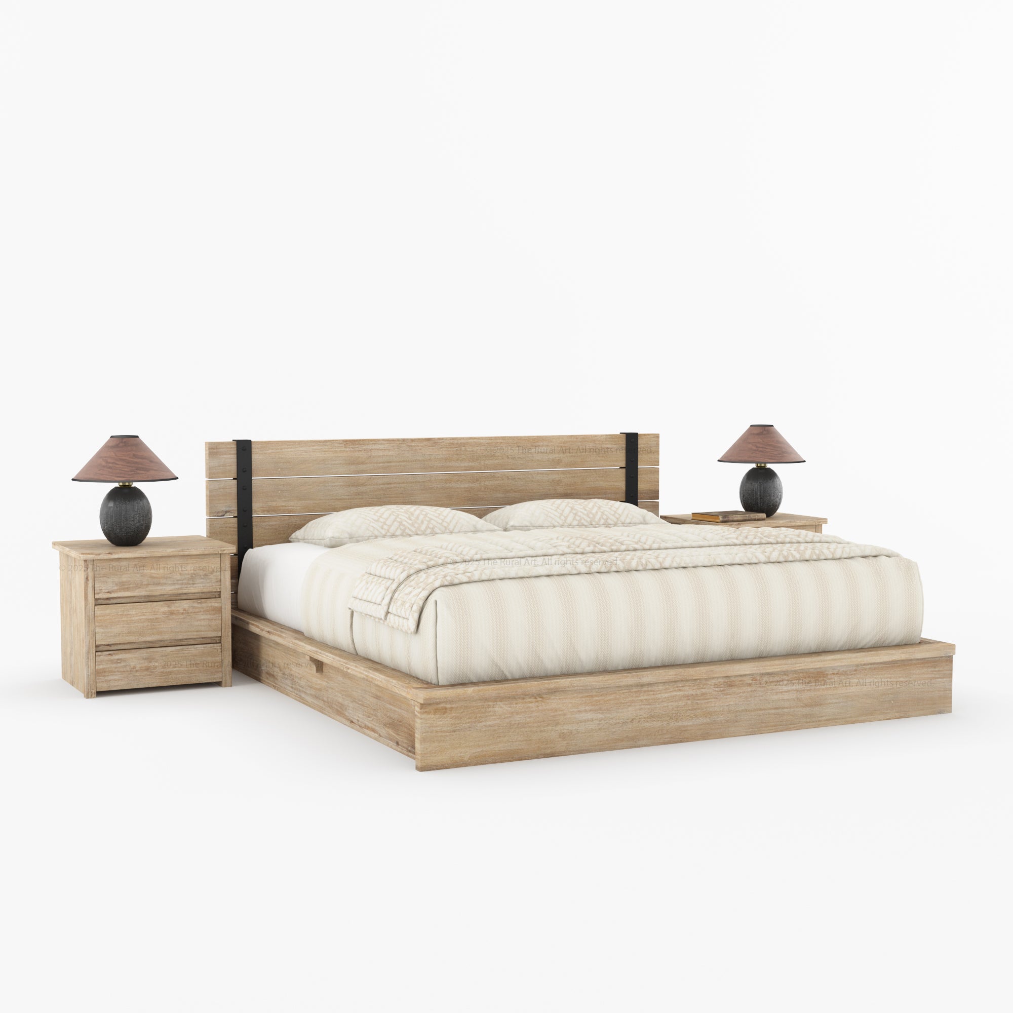 Dallas Solid Wood Platform Bed with Slatted Headboard &amp; Iron Accents