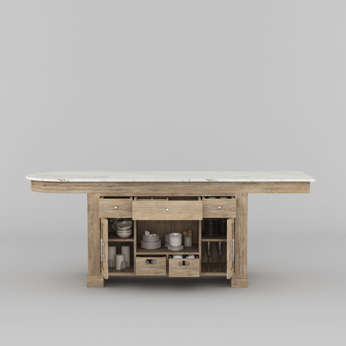 Portland Solid Wood Kitchen Island with Marble Countertop and Optional Stool Set