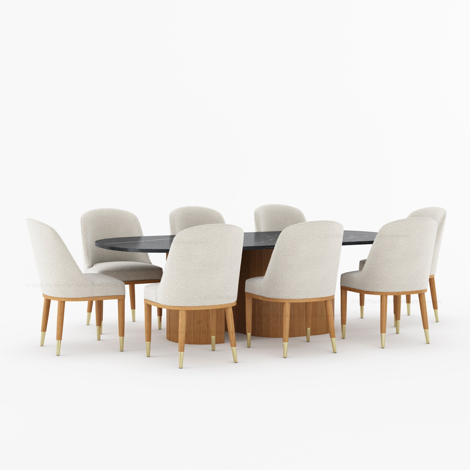 Connersville Modern Stone Top Dining Table Set with Sculptural Fluted Base &amp; Upholstered Chairs