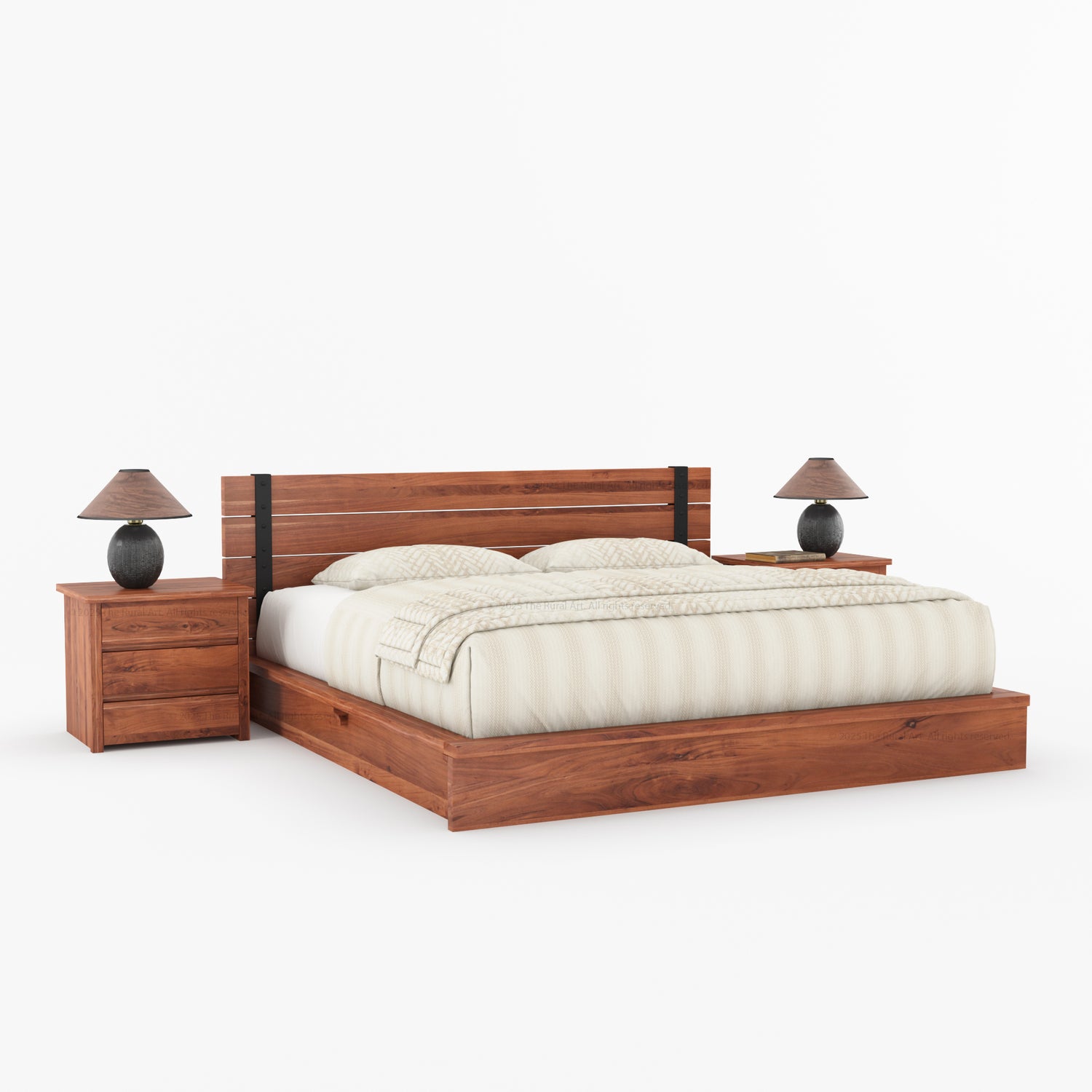 Dallas Solid Wood Bed &amp; Nightstand Set with Slatted Headboard and Iron Accents