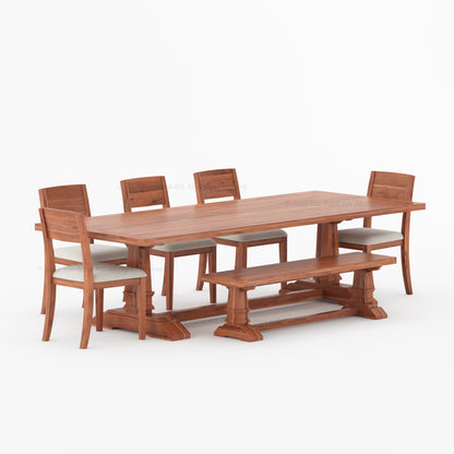 Roseville Solid Wood Dining Set Trestle Table with Chairs &amp; Bench Coastal Farmhouse Style