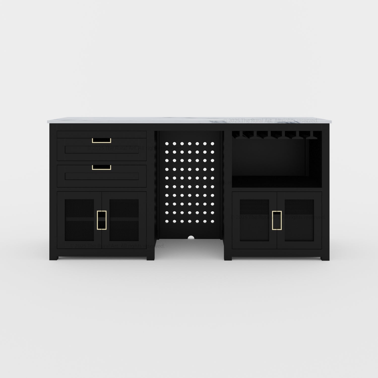 Luxe Black Wine Bar Cabinet with Fridge Space and Quartz Top
