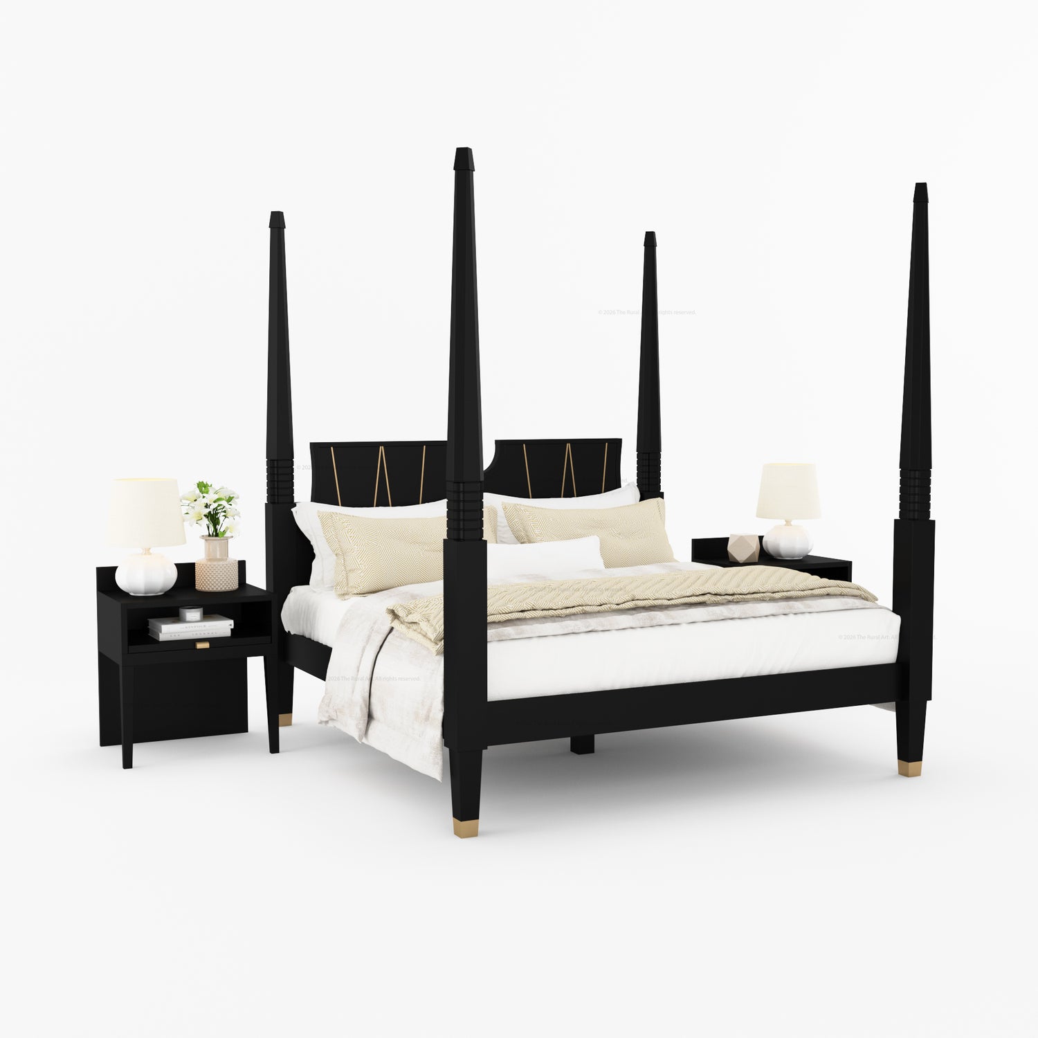 Troy Solid Wood Four Poster Bed with Brass Detailing