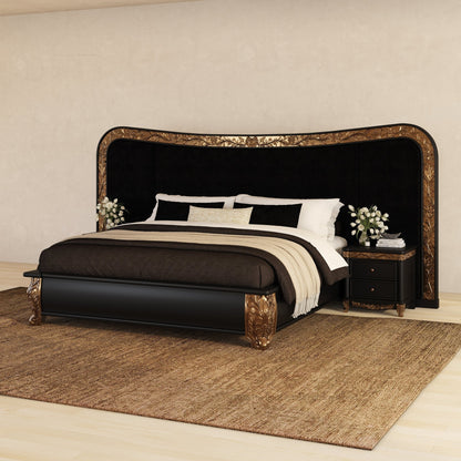 Versailles Grandeur Extra-Wide Velvet Bed with Gold Leaf Carvings