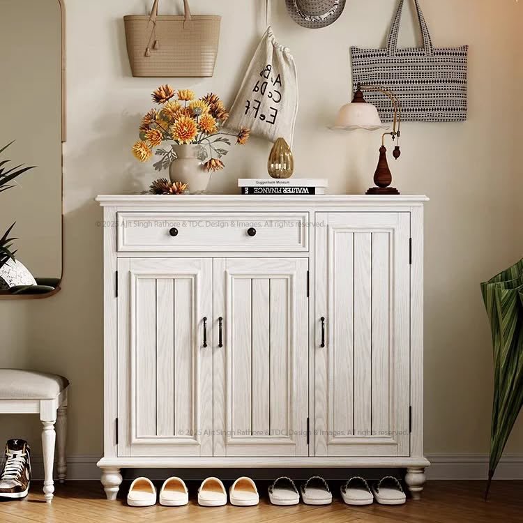 Rustic White Solid Wood Shoe Cabinet with Storage