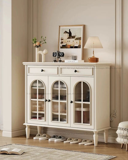 Atmore Vintage White Wooden Storage Cabinet with Glass Doors