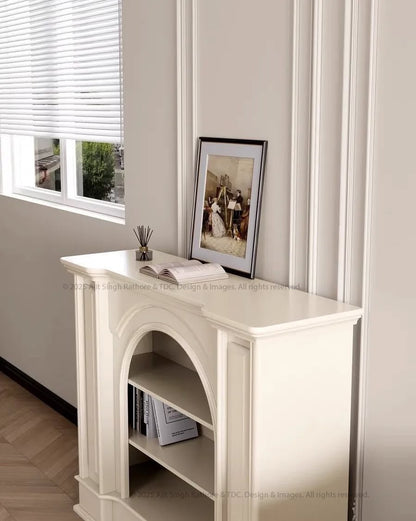 Snow Crest Arched Bookshelf Display Unit with Fireplace Mantel Design