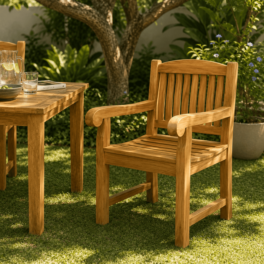 Walpi Solid Teak Wood Slatted Armchair | Indoor &amp; Outdoor Dining Chair