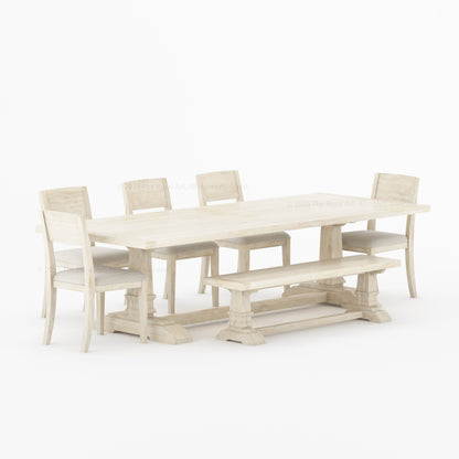Roseville Solid Wood Dining Set Trestle Table with Chairs &amp; Bench Coastal Farmhouse Style