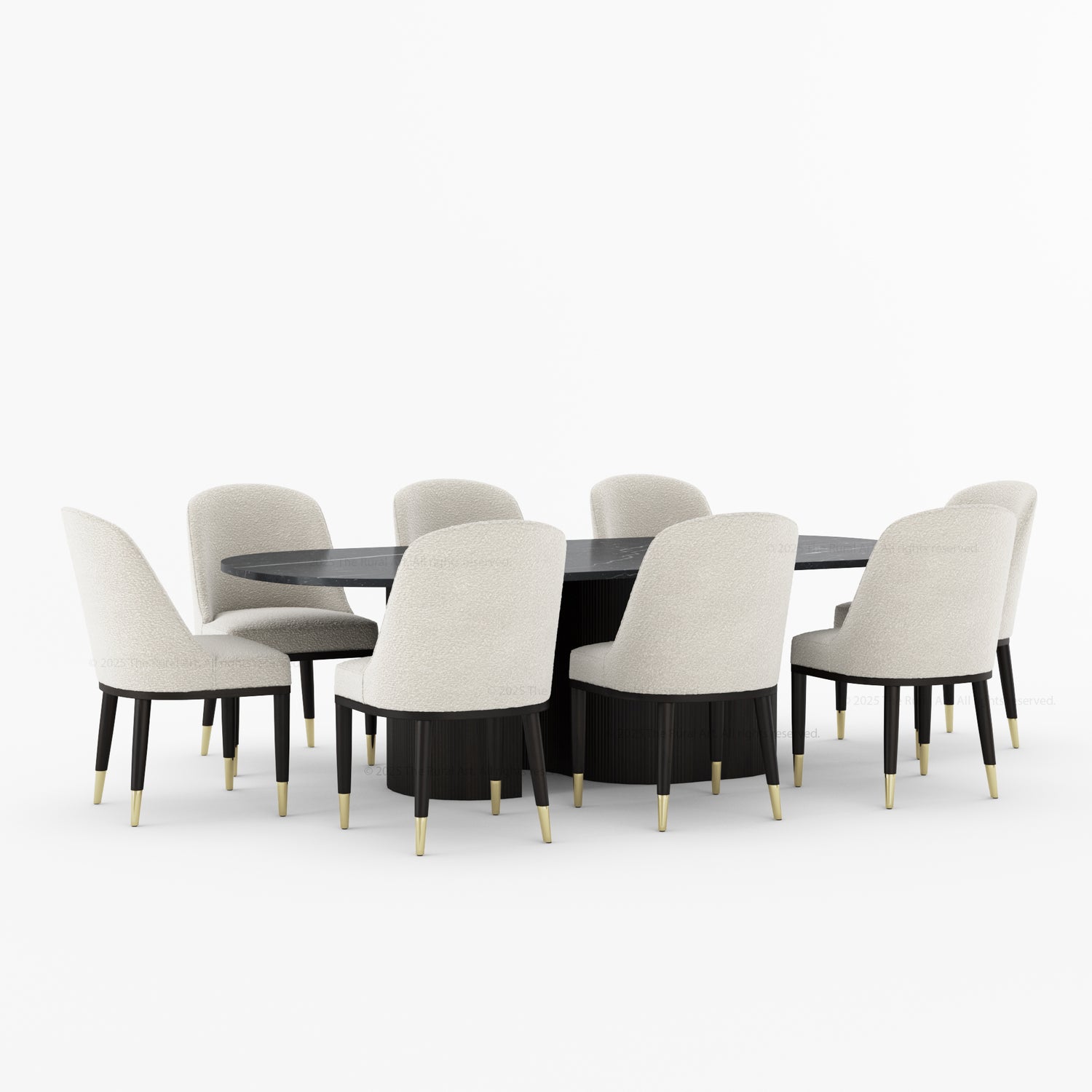 Connersville Modern Stone Top Dining Table Set with Sculptural Fluted Base &amp; Upholstered Chairs