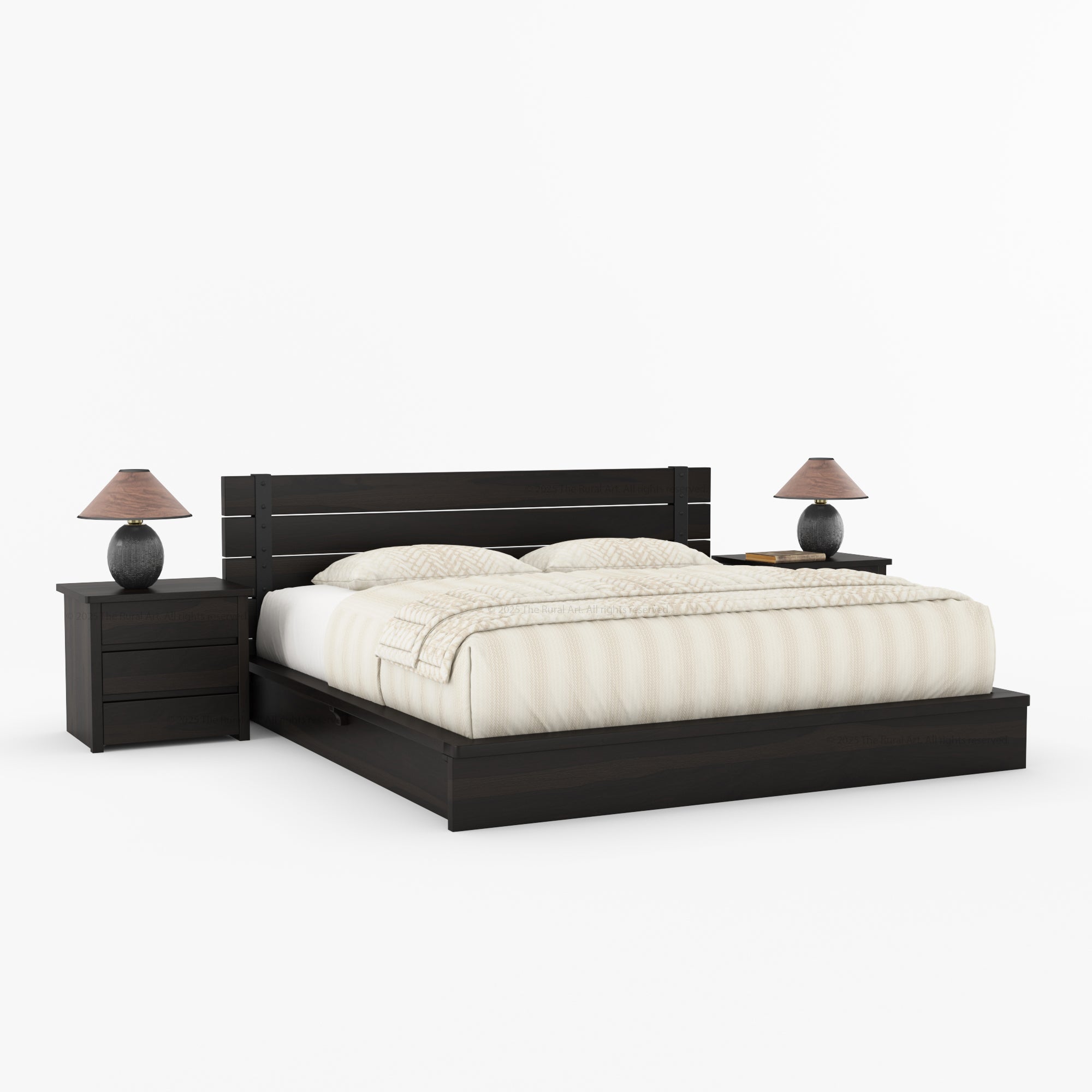 Dallas Solid Wood Bed &amp; Nightstand Set with Slatted Headboard and Iron Accents