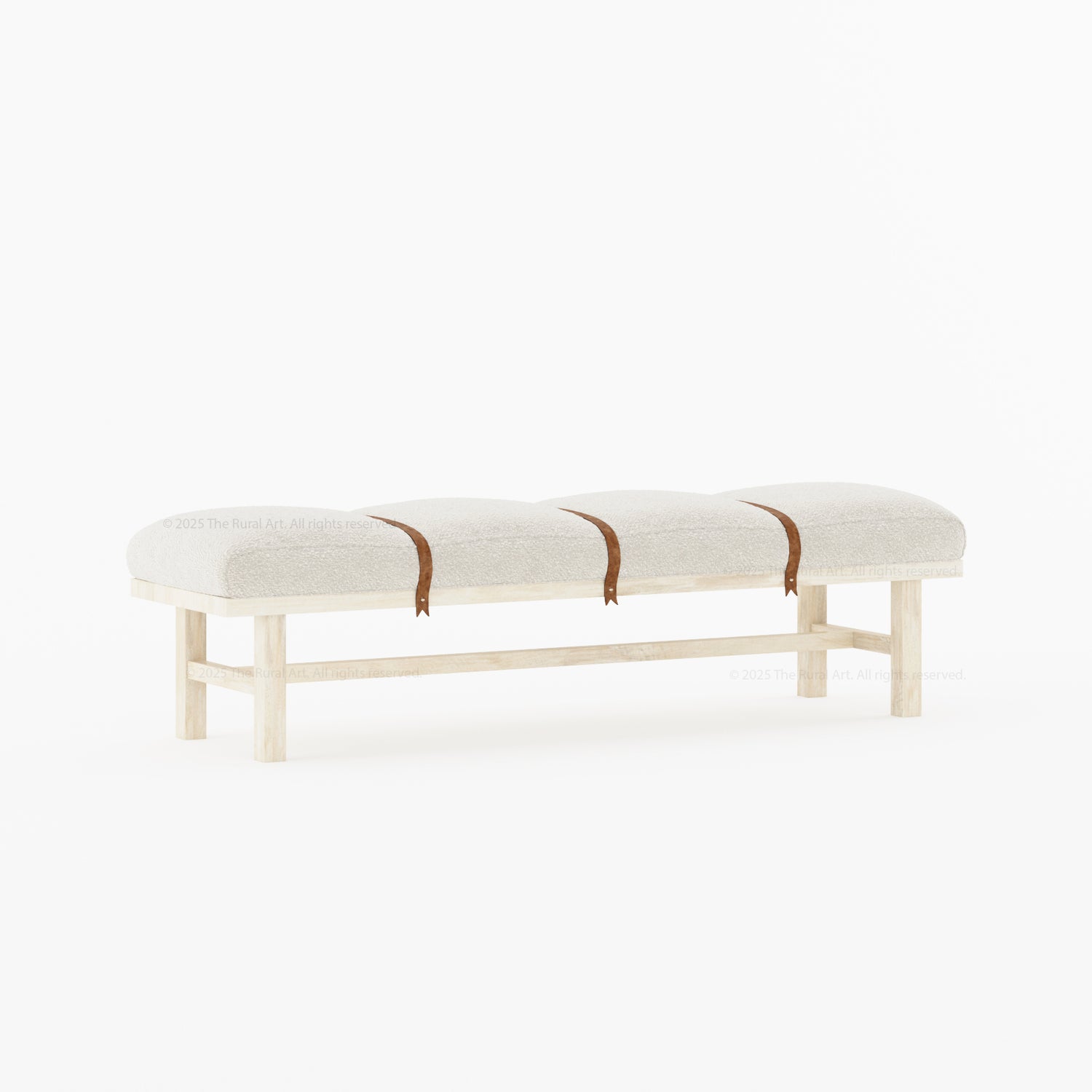Princeton Solid Wood Bench with Boucle Upholstery &amp; Leather Strap Detailing