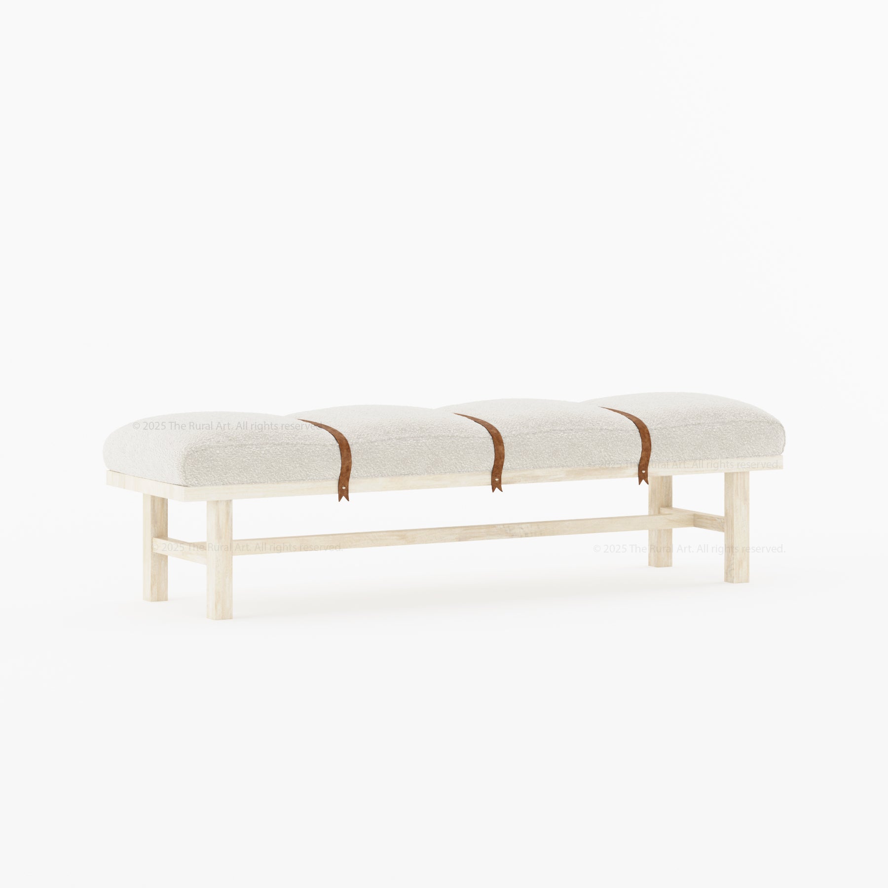Princeton Solid Wood Bench with Boucle Upholstery &amp; Leather Strap Detailing