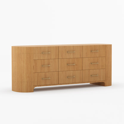 Wooden dresser with a striped pattern on a white background