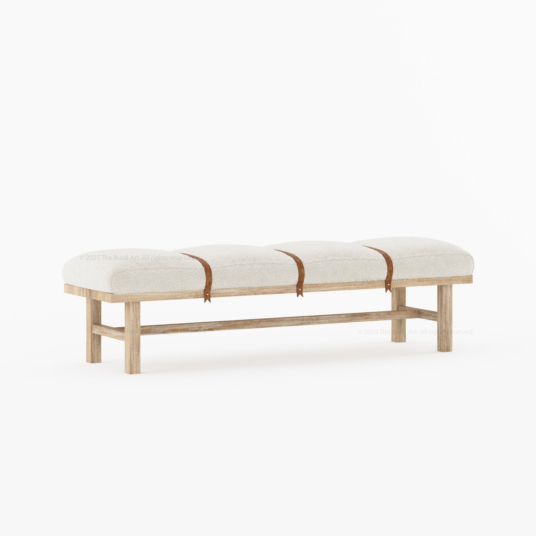 Princeton Solid Wood Bench with Boucle Upholstery &amp; Leather Strap Detailing