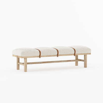 Princeton Solid Wood Bench with Boucle Upholstery &amp; Leather Strap Detailing