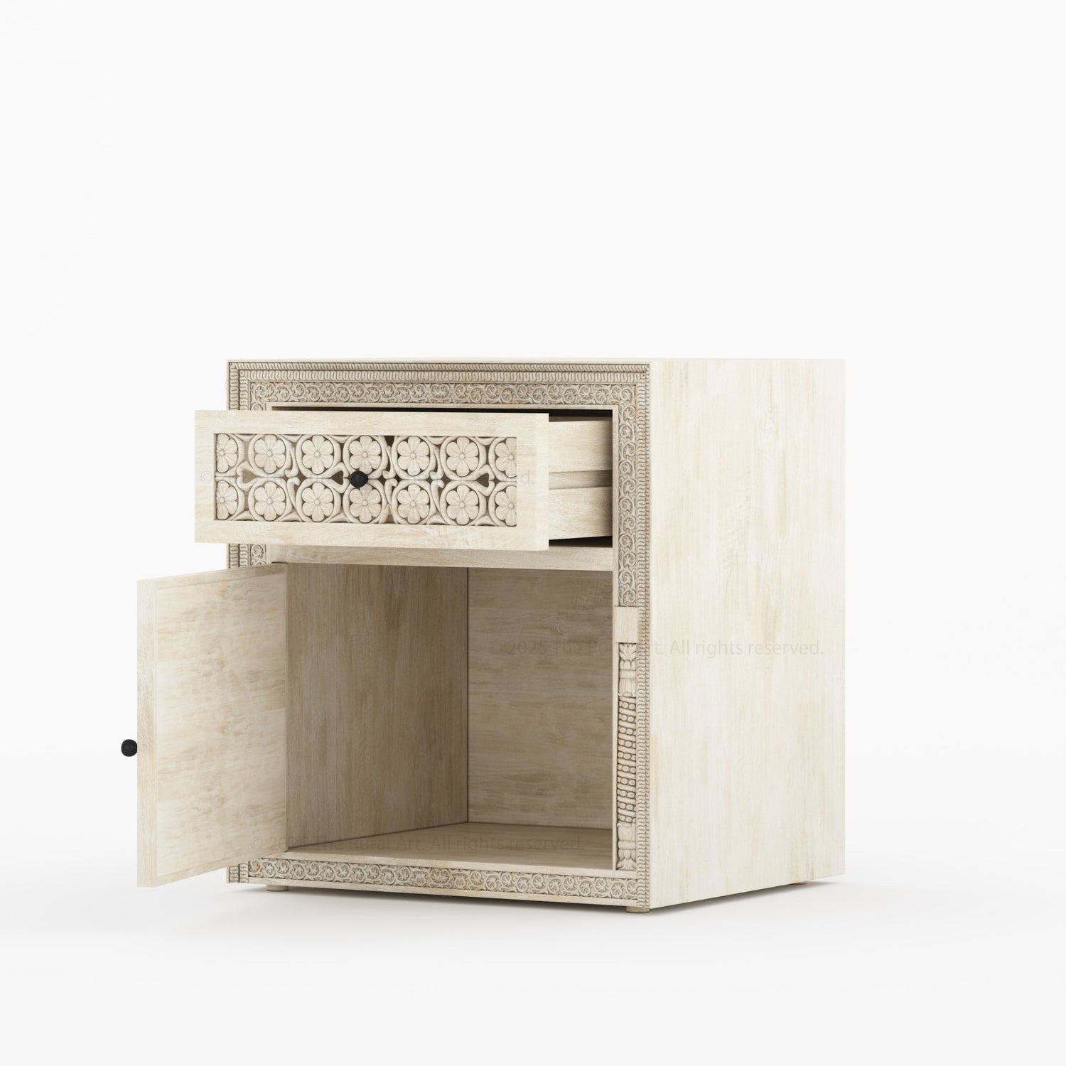 Dakota Hand-Carved Solid Wood Nightstand with Mirror Inlay