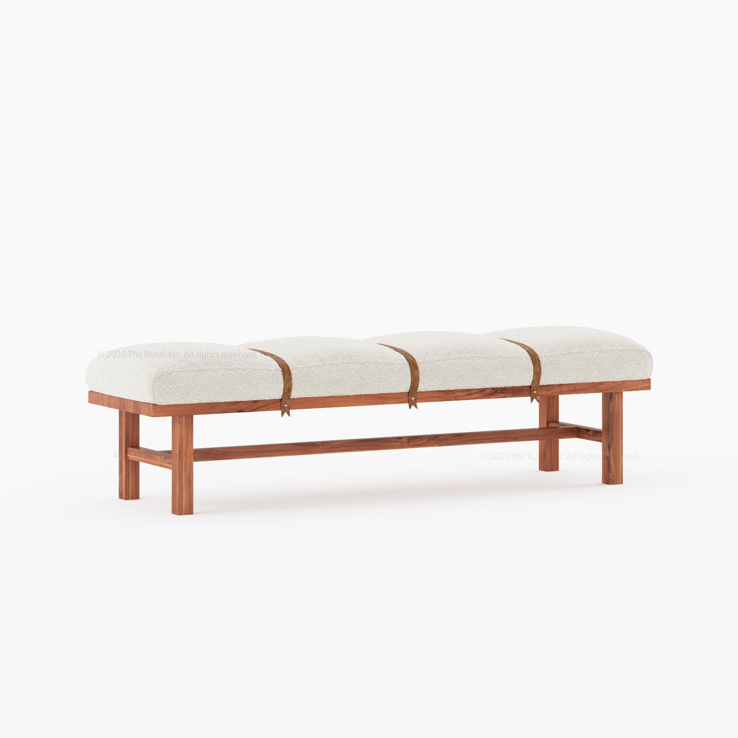 Princeton Solid Wood Bench with Boucle Upholstery &amp; Leather Strap Detailing