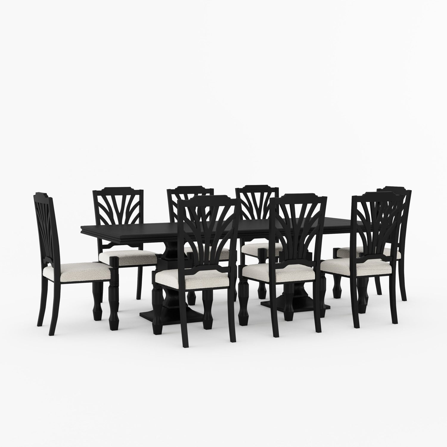 Carlsbad Solid Wood Double Pedestal Dining Table Set with Upholstered Sunburst Chairs