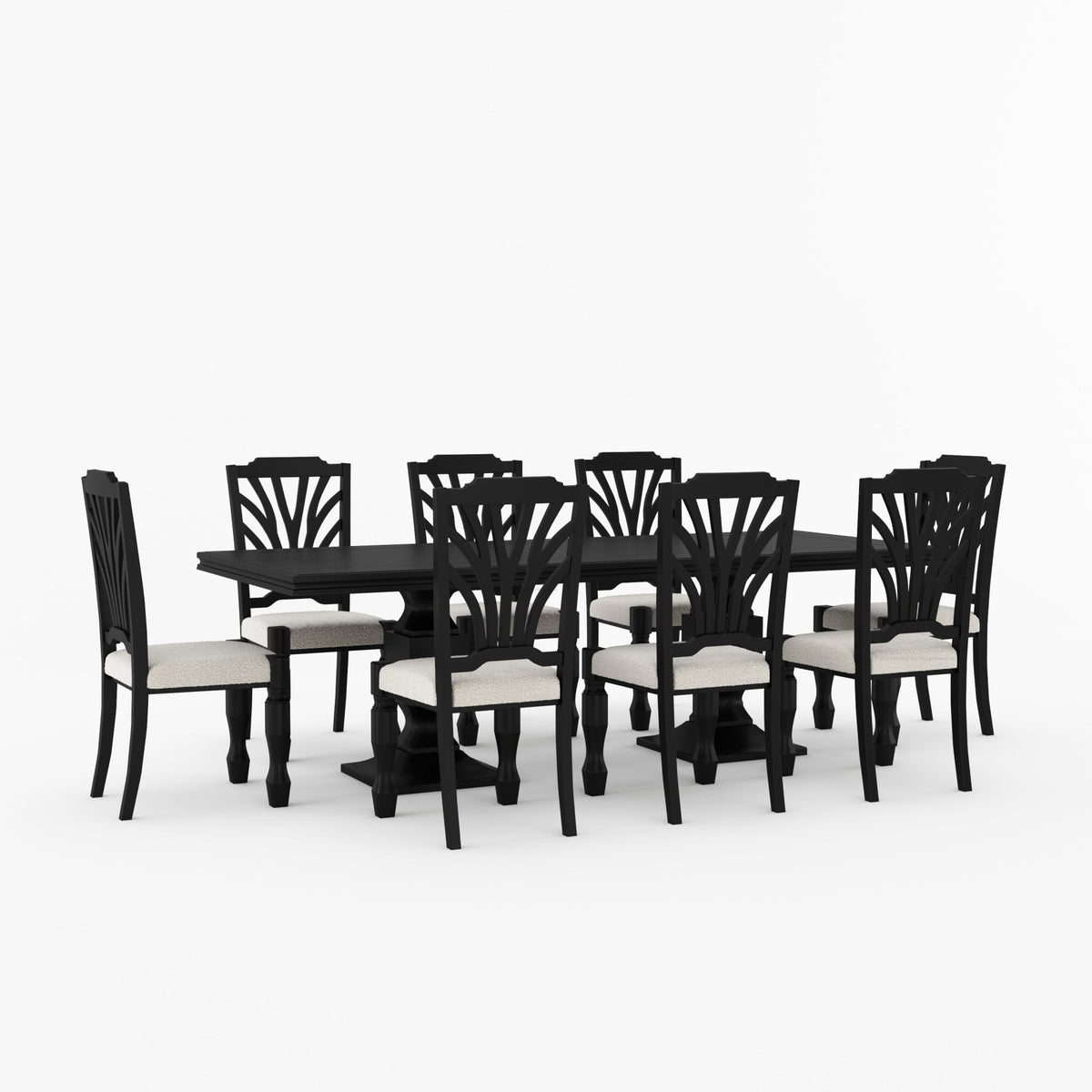 Carlsbad Solid Wood Double Pedestal Dining Table Set with Upholstered Sunburst Chairs