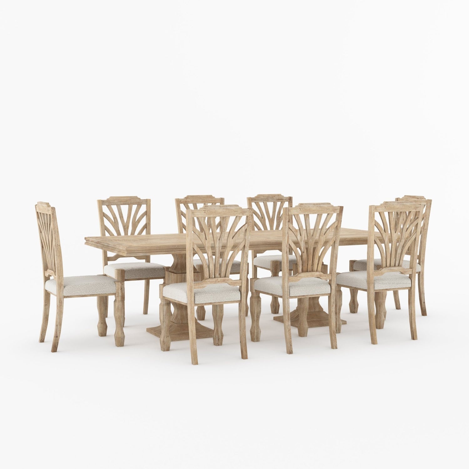 Carlsbad Solid Wood Double Pedestal Dining Table Set with Upholstered Sunburst Chairs