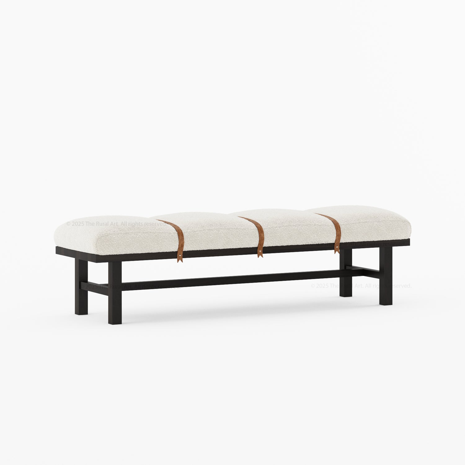 Princeton Solid Wood Bench with Boucle Upholstery &amp; Leather Strap Detailing