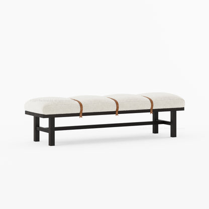 Princeton Solid Wood Bench with Boucle Upholstery &amp; Leather Strap Detailing
