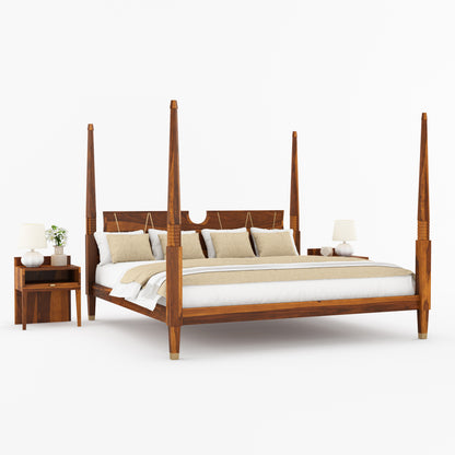 Troy Solid Wood Four Poster Bed with Brass Detailing