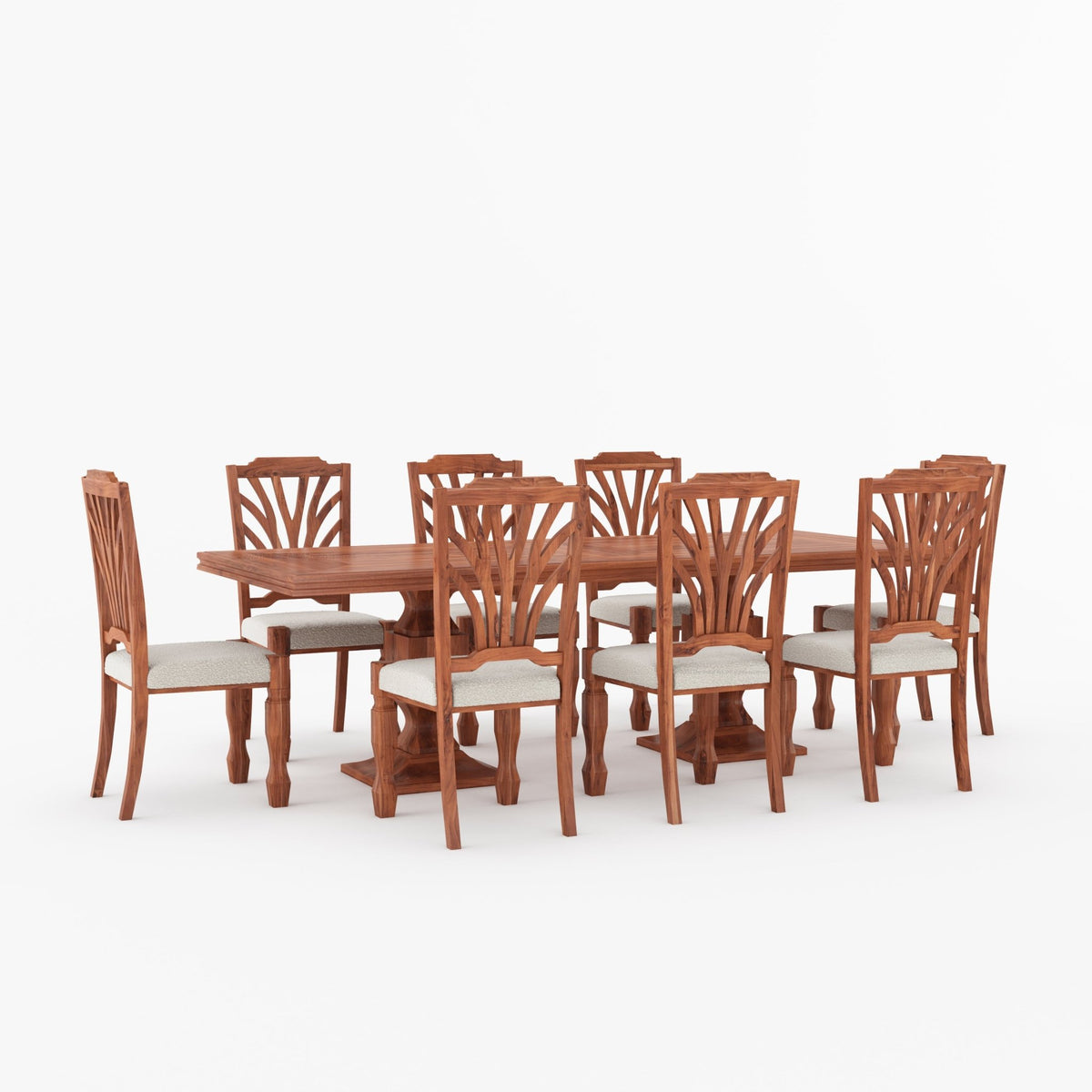 Carlsbad Solid Wood Double Pedestal Dining Table Set with Upholstered Sunburst Chairs