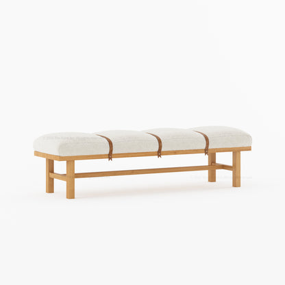 Princeton Solid Wood Bench with Boucle Upholstery &amp; Leather Strap Detailing
