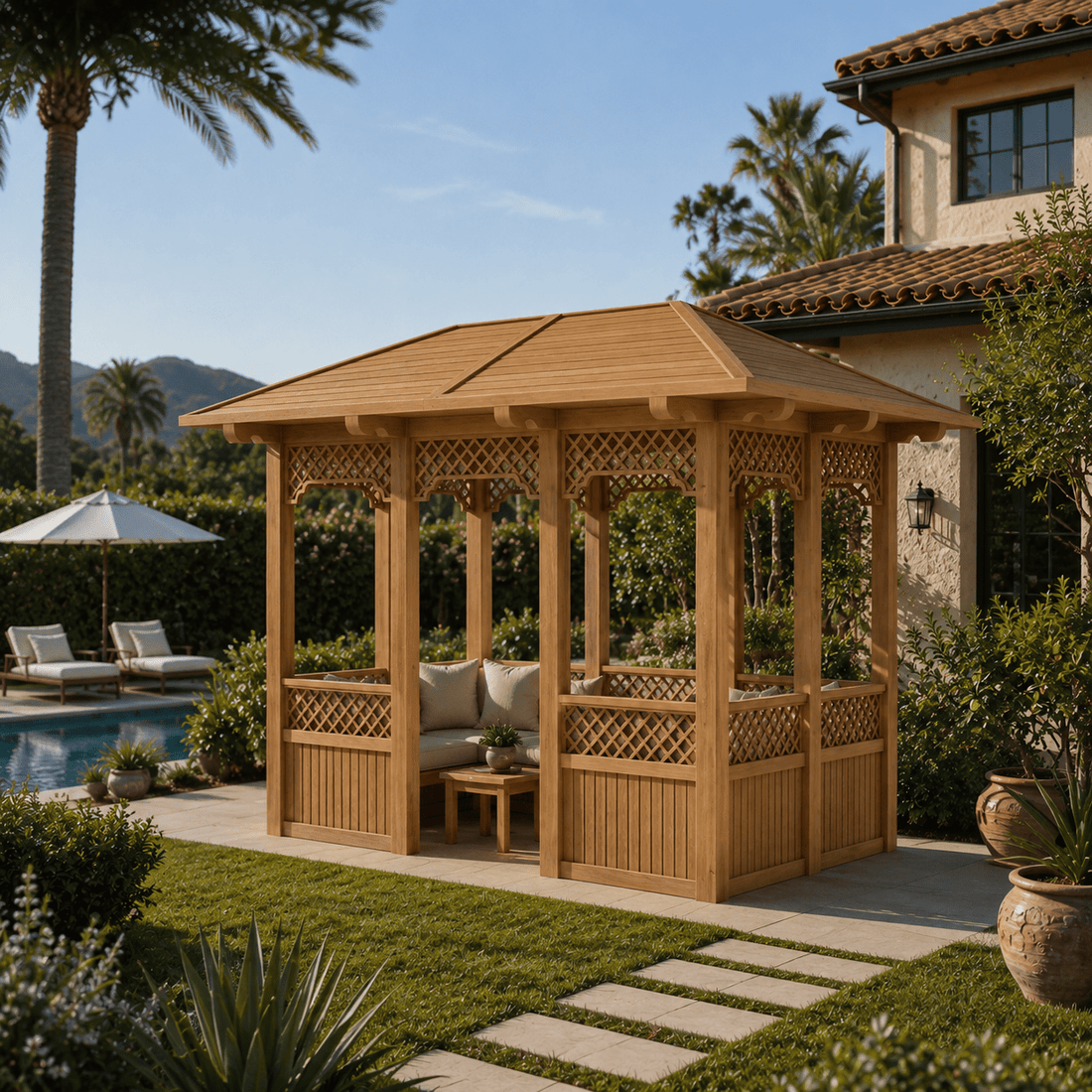 Saratoga Teak Wood Outdoor Garden Gazebo with Decorative Lattice Panels