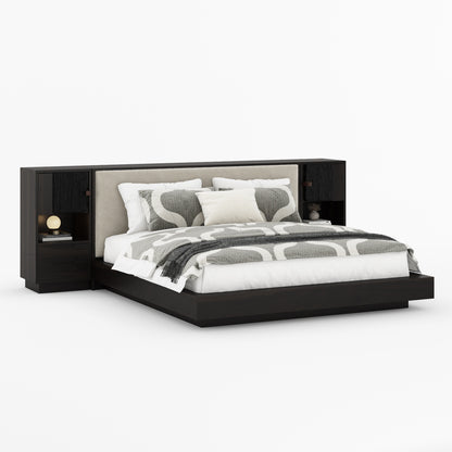 Nome Modern Solid Wood Storage Platform Bed with Upholstered Headboard &amp; Nightstands