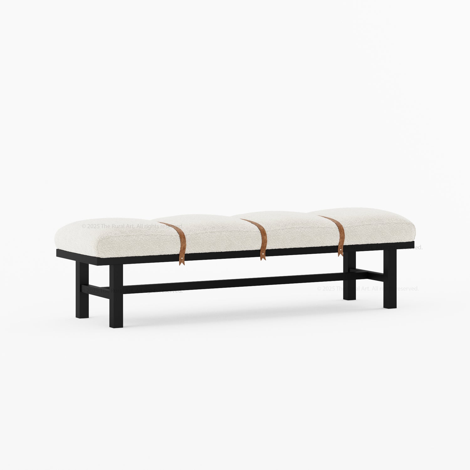 Princeton Solid Wood Bench with Boucle Upholstery &amp; Leather Strap Detailing