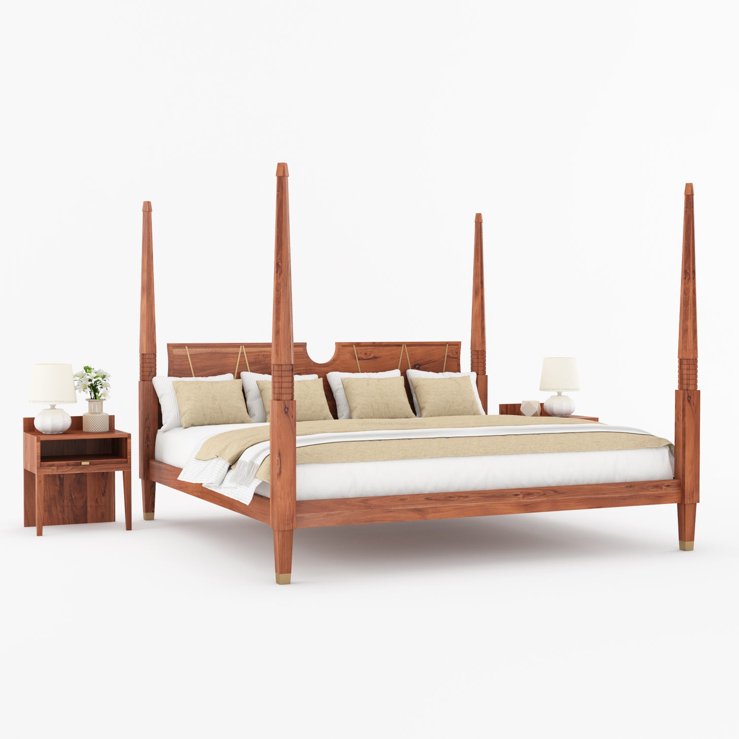 Troy Solid Wood Four Poster Bed with Brass Detailing