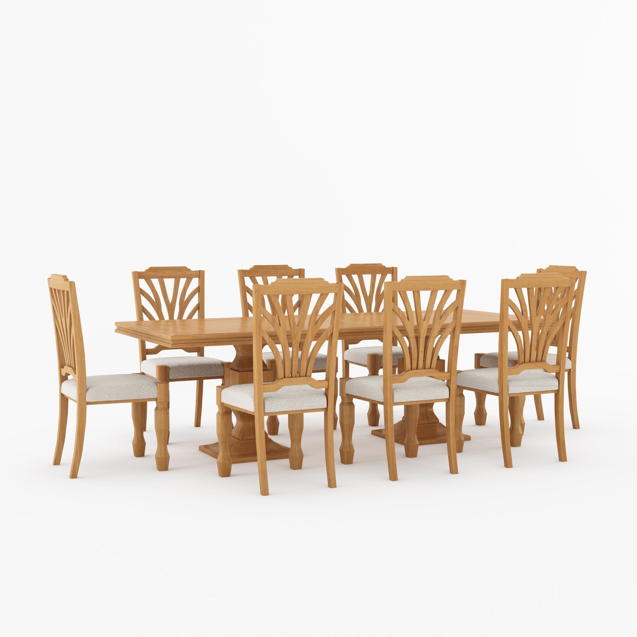 Carlsbad Solid Wood Double Pedestal Dining Table Set with Upholstered Sunburst Chairs