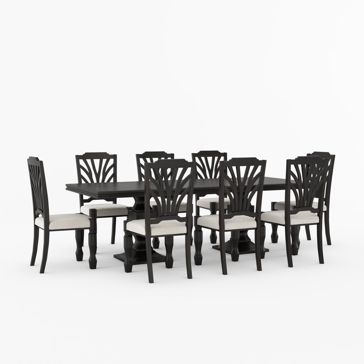 Carlsbad Solid Wood Double Pedestal Dining Table Set with Upholstered Sunburst Chairs
