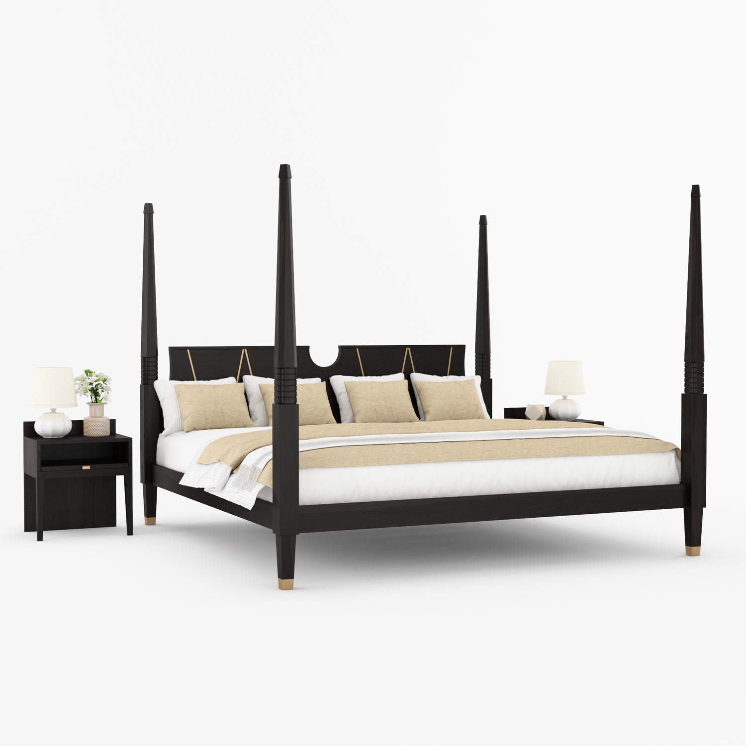 Troy Solid Wood Four Poster Bed with Brass Detailing